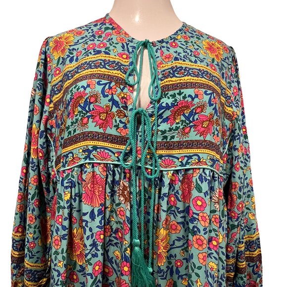 R. Vivimos Long Sleeve Floral Print Boho Midi Dress, NWT, Blue Green, L 12/14 - Picture 7 of 9